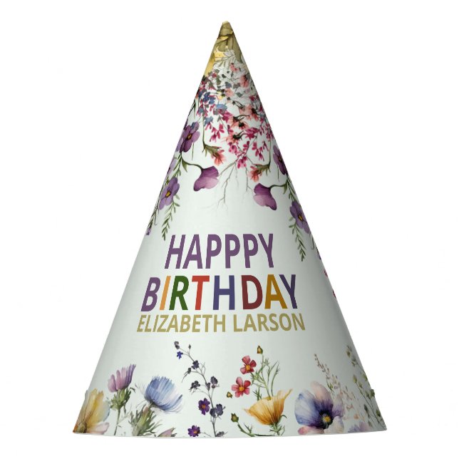 Colorful Wildflower Floral Watercolor Birthday Party Hat (Front)