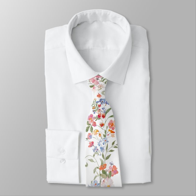 Colorful Wildflower Floral Wedding Groomsmen Gift Neck Tie (Tied)
