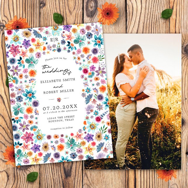 Colorful Wildflower Garden Elegant Wedding Photo Invitation (Front/Back)