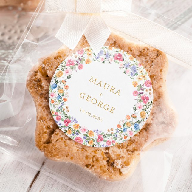 Colorful Wildflower Garden Floral Wreath Wedding Classic Round Sticker (Creator Uploaded)