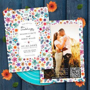 Colorful Wildflower Garden QR Code Wedding Photo Invitation
