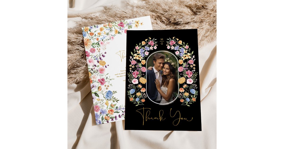Colorful Wildflower Garden Wedding Photo Thank You Card | Zazzle