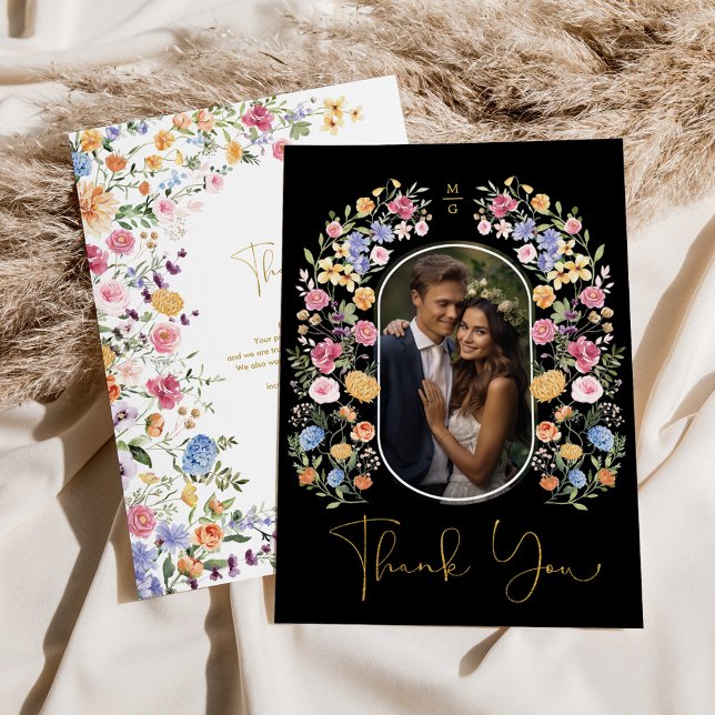 Colorful Wildflower Garden Wedding Photo Thank You Card (Creator Uploaded)