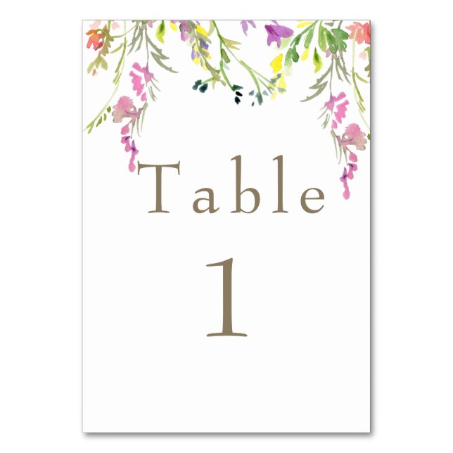 Colorful Wildflower Gold Text Table Number (Front)