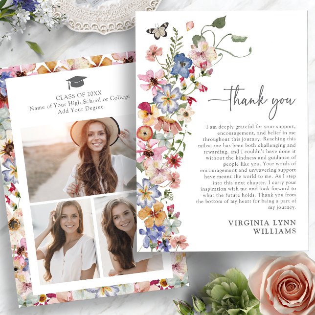 Colorful Wildflower Graduation Thank You Card (Colorful Wildflower Graduation Photo Thank You Card with Butterfly by Painted Paperie
)