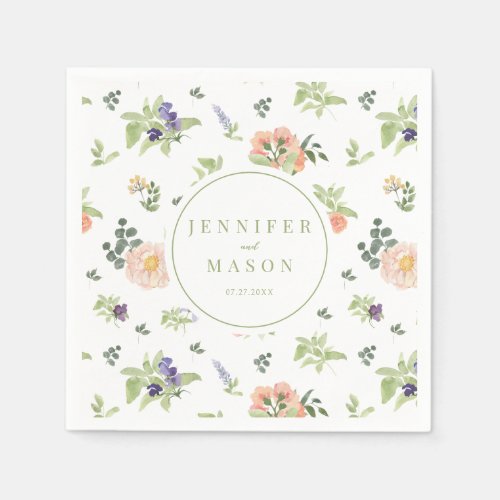 Colorful wildflower greenery wedding paper napkins