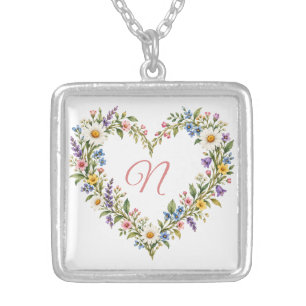 Colorful Wildflower Heart Wreath Silver Plated Necklace