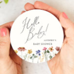 Colorful Wildflower Hello Baby Round Paper Coaster<br><div class="desc">This colorful wildflower hello baby round paper coaster is perfect for your simple, whimsical, boho rainbow summer baby shower. The bright, enchanted pink, yellow, orange, and gold color florals give this product the feel of a minimalist, elegant, vintage hippie spring garden. The modern design is artsy and delicate, portraying a...</div>