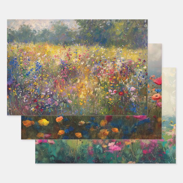 Colorful Wildflower Impressionist Decoupage Wrapping Paper Sheets (Set)