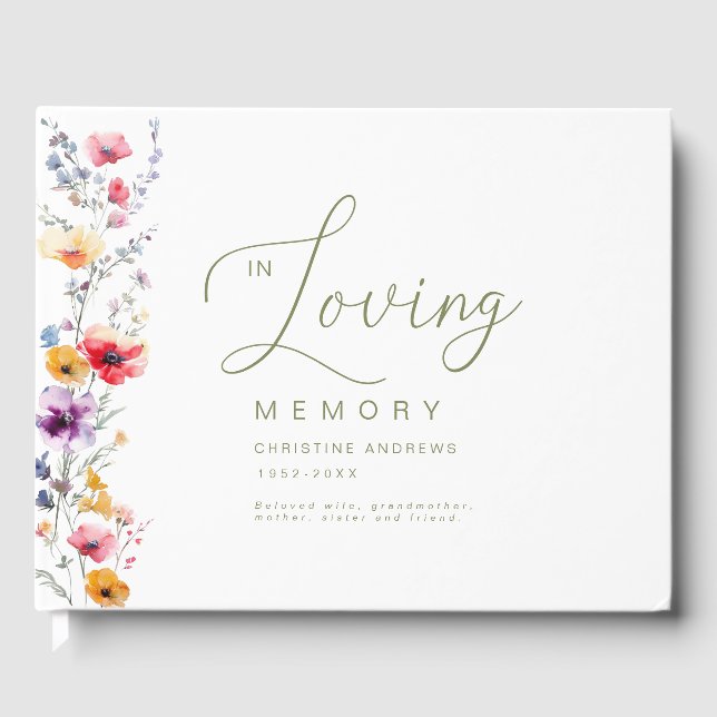 Colorful Wildflower "In Loving Memory" Funeral  Guest Book (Front)