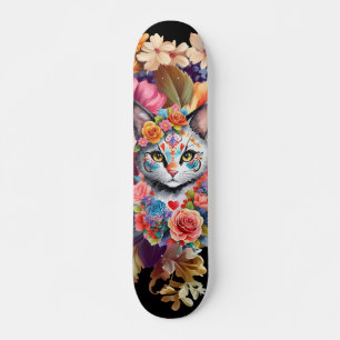 Colorful Wildflower & Kitten Pattern Skateboard