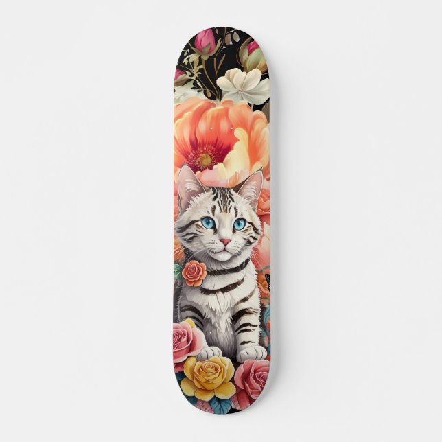Colorful Wildflower & Kitten Pattern Skateboard  (Front)