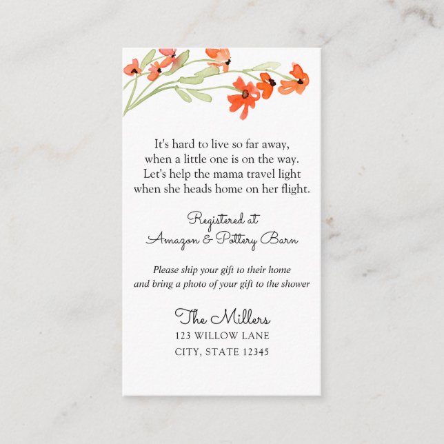 Colorful Wildflower Long Distance baby shower Enclosure Card (Front)