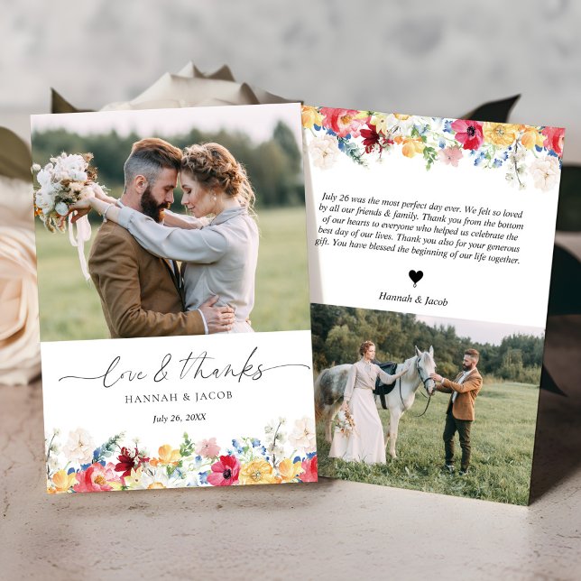 Colorful Wildflower Love and Thanks Wedding Thank You Card (Creator Uploaded)