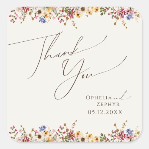 Colorful Wildflower Meadow Beige Wedding Thank You Square Sticker