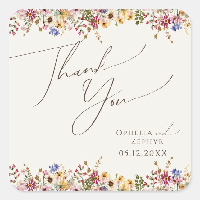 Colorful Wildflower Meadow Beige Wedding Thank You Square Sticker (Front)