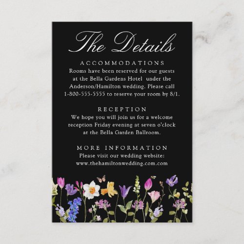 Colorful Wildflower Meadow Black Wedding Details Enclosure Card