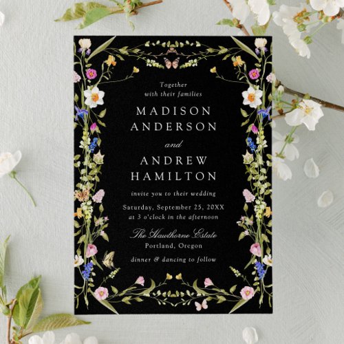 Colorful Wildflower Meadow Black Wedding Invitation
