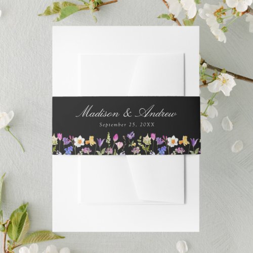 Colorful Wildflower Meadow Black Wedding Invitation Belly Band