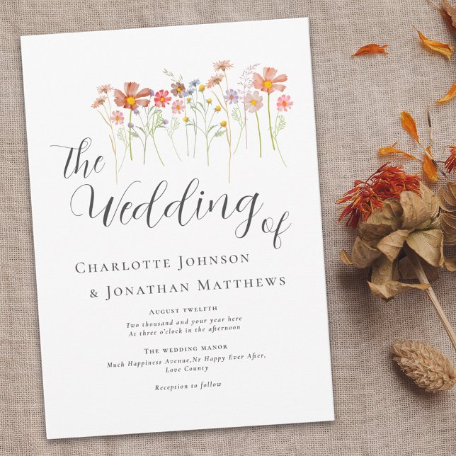 Colorful Wildflower Meadow Elegant Script Invitation (Colorful Wildflower boho floral elegant script Wedding invitation Watercolor flowers fall colors)
