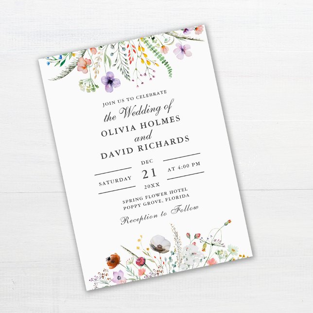 Colorful Wildflower Meadow Floral Wedding  Invitation (Wildflower Meadow Wedding Invitation on off-white background)