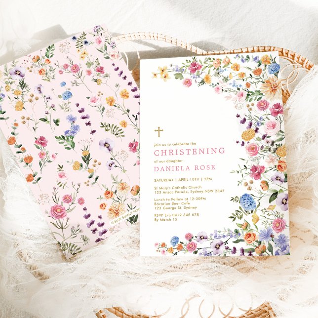 Colorful Wildflower Meadow Girl Christening Invitation (Creator Uploaded)