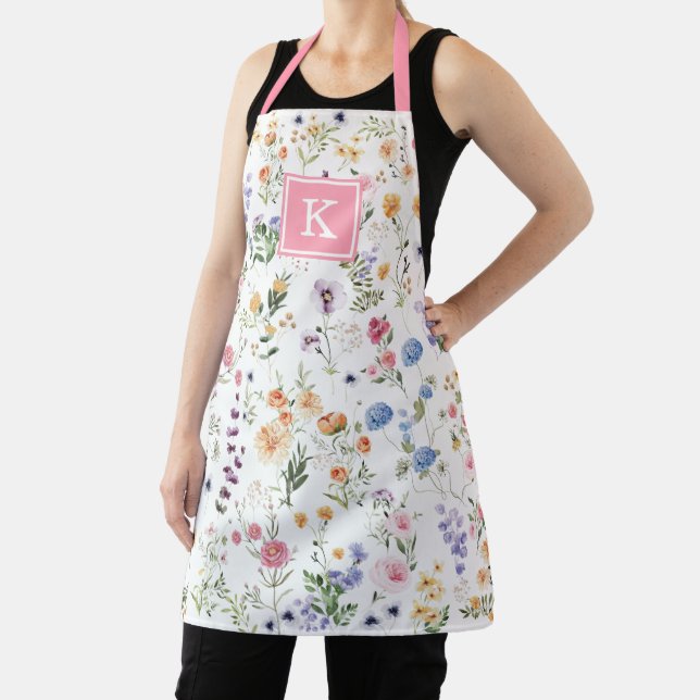 Colorful Wildflower Meadow Pattern Monogram Apron (Insitu)