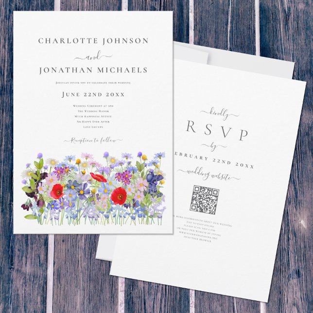 Colorful Wildflower Meadow QR Code Wedding Invitation (Boho Wildflower meadow watercolor wedding invitation with elegant typography script )