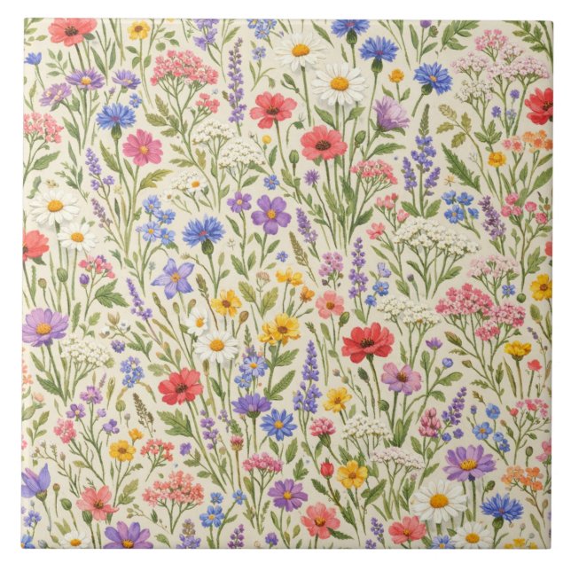 Colorful Wildflower Meadow Seamless Pattern Ceramic Tile (Front)