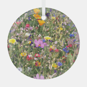 Colorful wildflower meadow, vibrant pattern. glass ornament