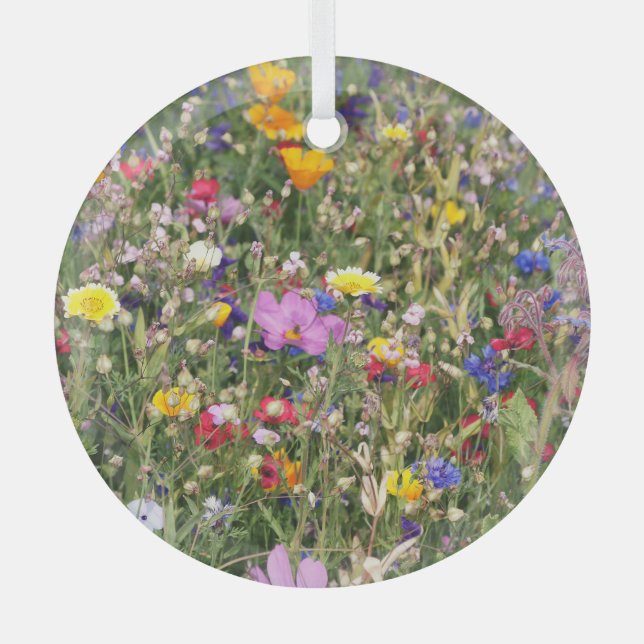 Colorful wildflower meadow, vibrant pattern. glass ornament (Front)
