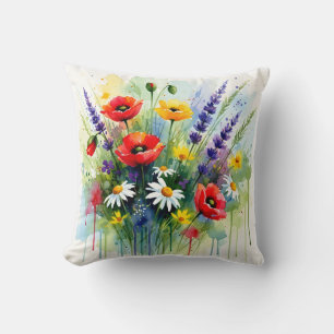 Colorful Wildflower Meadow Watercolor Abstract Throw Pillow