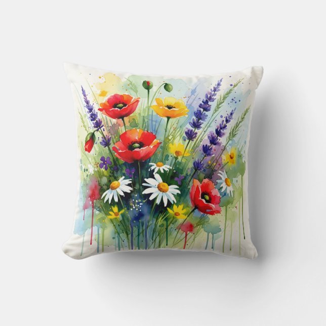 Colorful Wildflower Meadow Watercolor Abstract  Throw Pillow (Front)