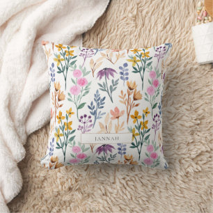 Colorful Wildflower Meadow Watercolor Botanical Throw Pillow