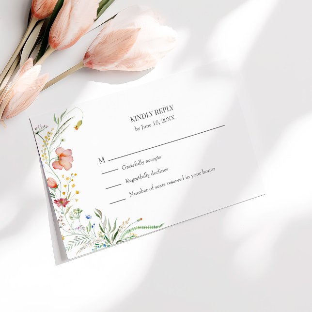 Colorful Wildflower Meadow Wedding RSVP Card (Colorful Wildflower Meadow Wedding RSVP Card on a white table with tulips)
