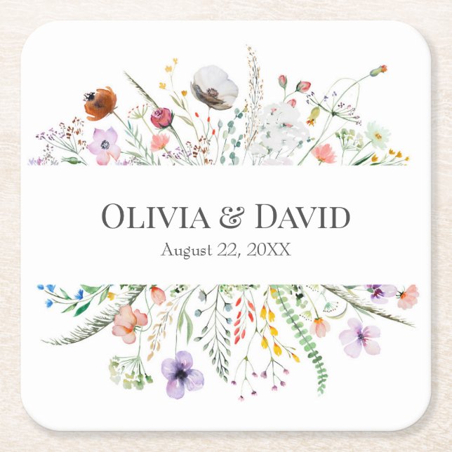 Colorful Wildflower Meadow Wedding Square Coaster (Front)