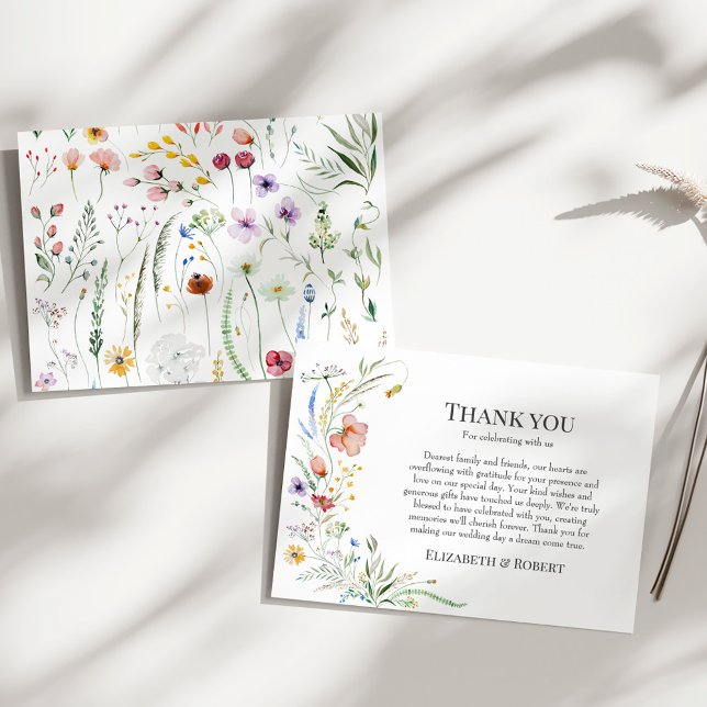 Colorful Wildflower Meadow Wedding Thank You Card (Boho Wildflower Meadow Wedding Thank You Card on a sunny white table.)