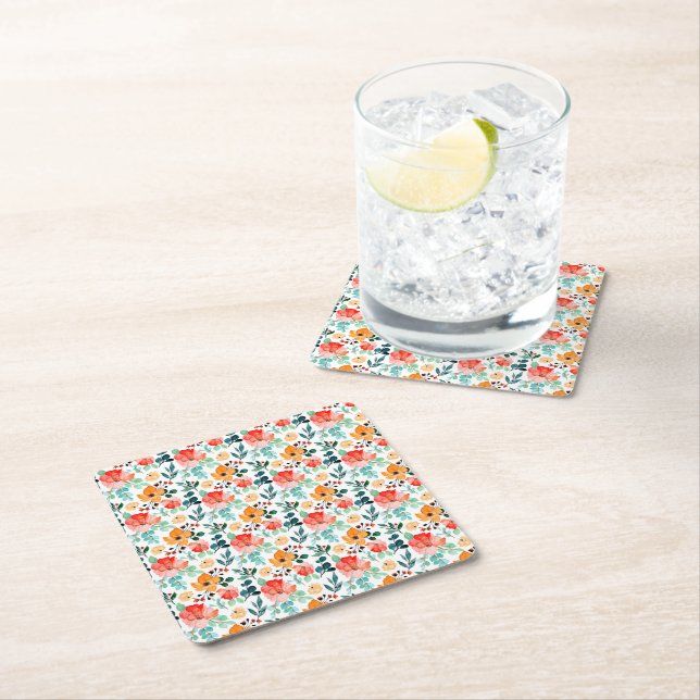 Colorful Wildflower Mixed Floral Pattern Square Paper Coaster (Insitu)