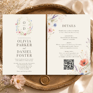 Colorful Wildflower Monogram QR Code Boho Wedding Invitation