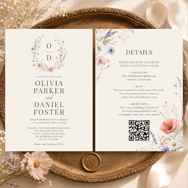 Colorful Wildflower Monogram QR Code Boho Wedding Invitation (Creator Uploaded)