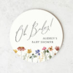 Colorful Wildflower Oh Baby Round Paper Coaster<br><div class="desc">This colorful wildflower oh baby round paper coaster is perfect for your simple, whimsical, boho rainbow summer baby shower. The bright, enchanted pink, yellow, orange, and gold color florals give this product the feel of a minimalist, elegant, vintage hippie spring garden. The modern design is artsy and delicate, portraying a...</div>