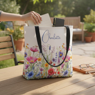 Colorful Wildflower Personalized Name Tote Bag