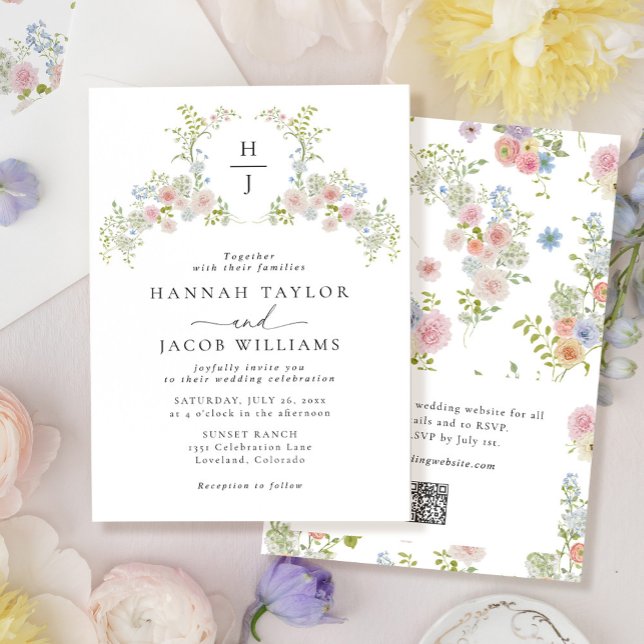 Colorful Wildflower QR Code Monogram Wedding Invitation (Creator Uploaded)