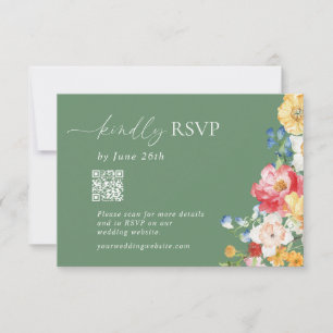 Colorful Wildflower QR Code Sage Green RSVP Invitation