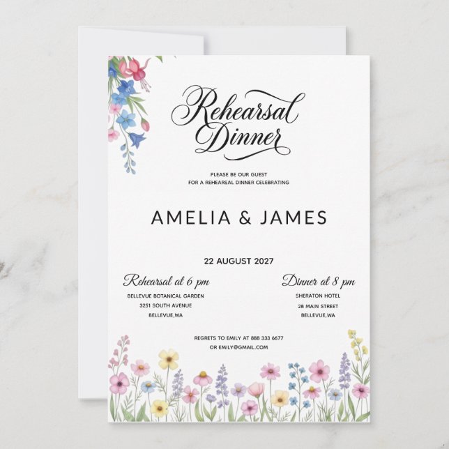Colorful wildflower rehearsal dinner invitation (Front)