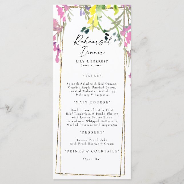 Colorful Wildflower Rehearsal Dinner Menu  (Front)