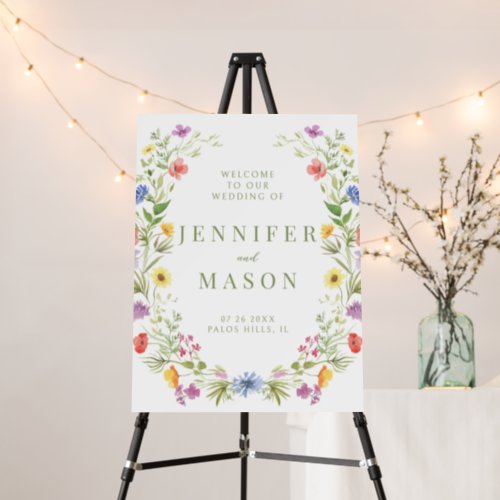 Colorful wildflower rustic wedding welcome sign