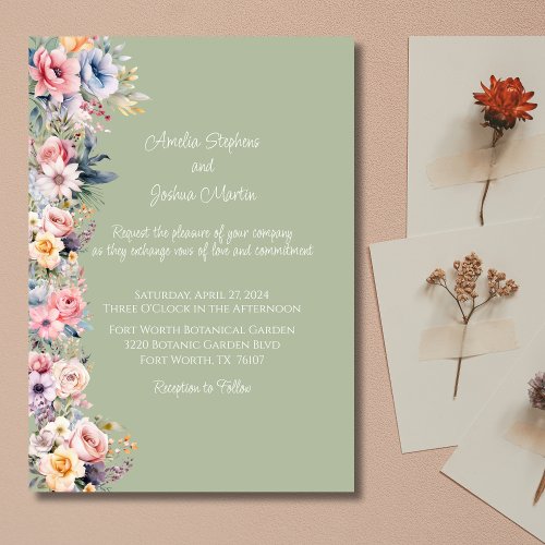 Colorful Wildflower Sage Green Wedding Invitation
