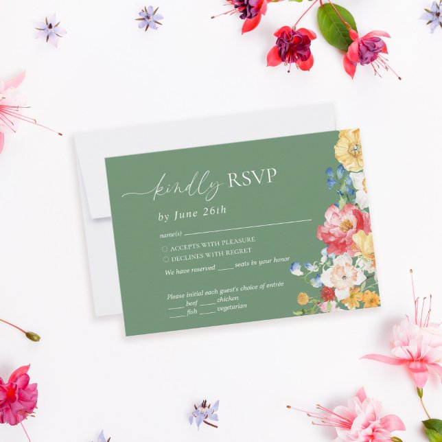 Colorful Wildflower Sage Green Wedding RSVP Card (Creator Uploaded)