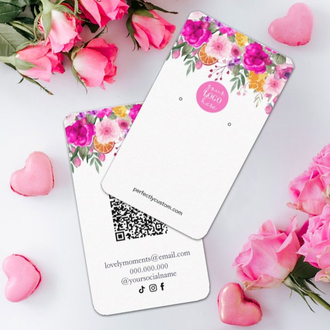 Colorful Wildflower Spring Earing Display Business Card (watercolor flowers in shades of pink and white in rustic garden greenery. #earringdisplaycard #chic)